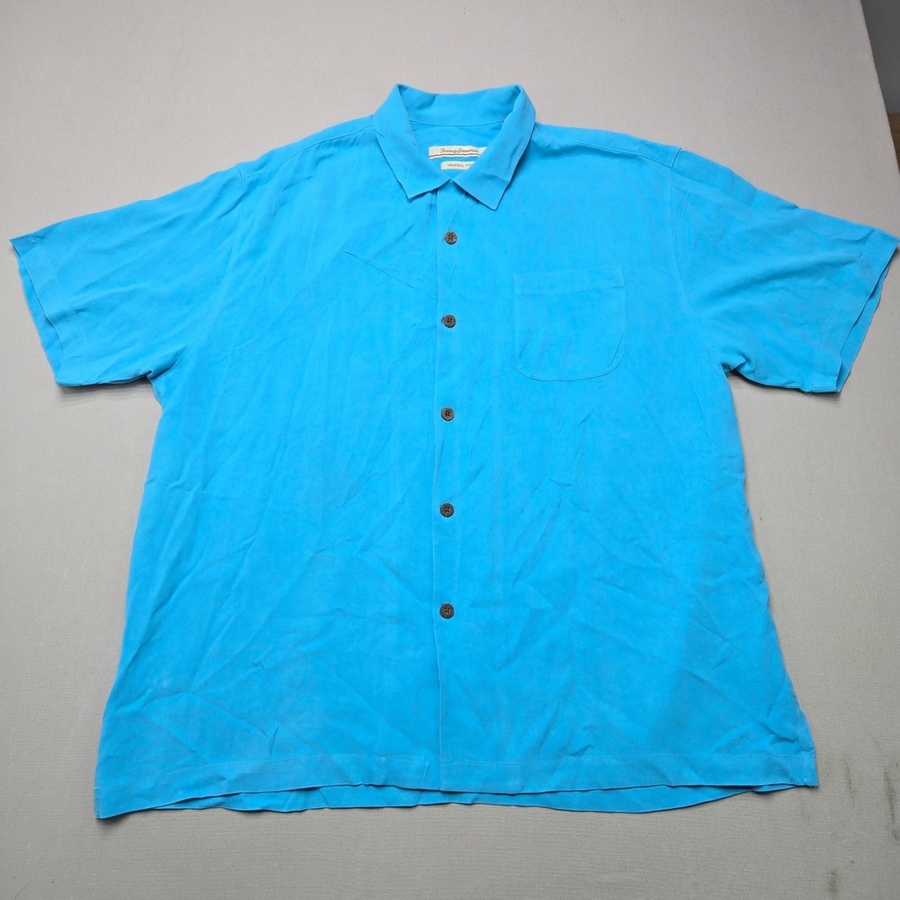 Tommy Bahama Silk Camp Shirt Original Fit Herringbone Blue Men XL Short Sleeve
